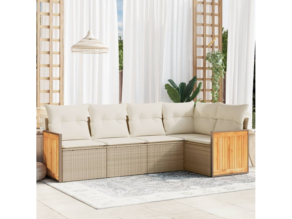 Conjunto de 5 Sofás para Jardim com Almofadas Vime Pe Bege Dkd Home Decor