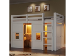 Cama Alta Madeira 90x200 Cm Com Armário Janelas E Iluminação Led Branca