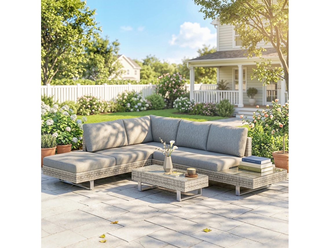 Conjunto De Jardim Em Vime De 3 Peças Com Sofás Modulares De 3 E 2 Lugares Mesa Lateral E Mesa De Centro Cinzento