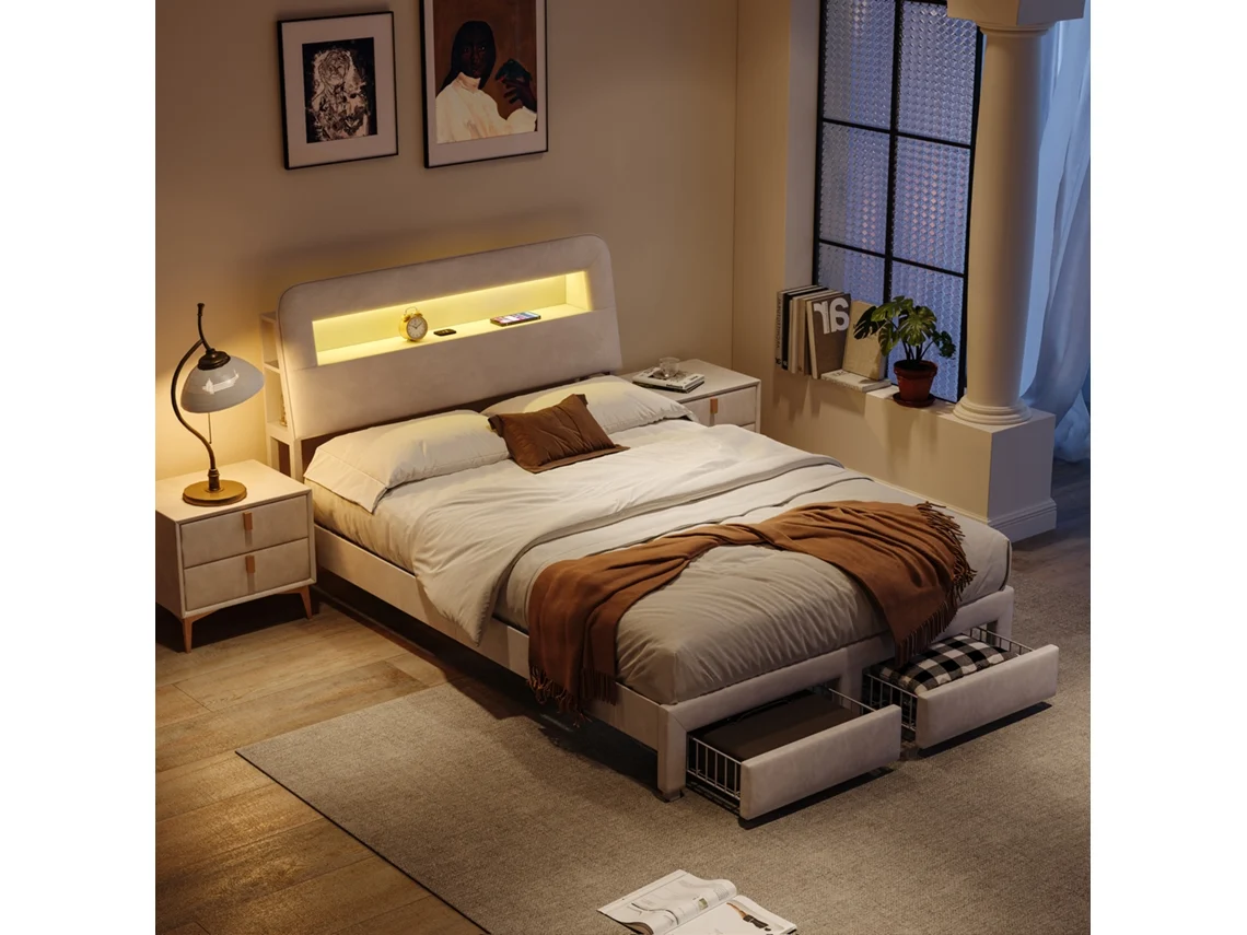 Cama De Casal Acolchoada 140x200 Cm Com Gavetas, Cabeceira Led E Portas Usb/type-c - Veludo Branco, Estrutura Metálica Reforçada, 300kg Capacidade