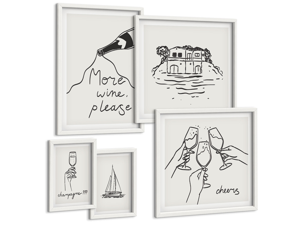 Conjunto De Pinturas Ilustrações Estilosas De Vinho Brinde Espelharte (5 Peças)