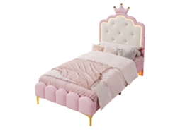 Cama Estofada Princesa Rosa 90x200 Cm com Estrado de Ripas e Iluminação Ambiente com Controle Remoto em Pu PAPRIKA