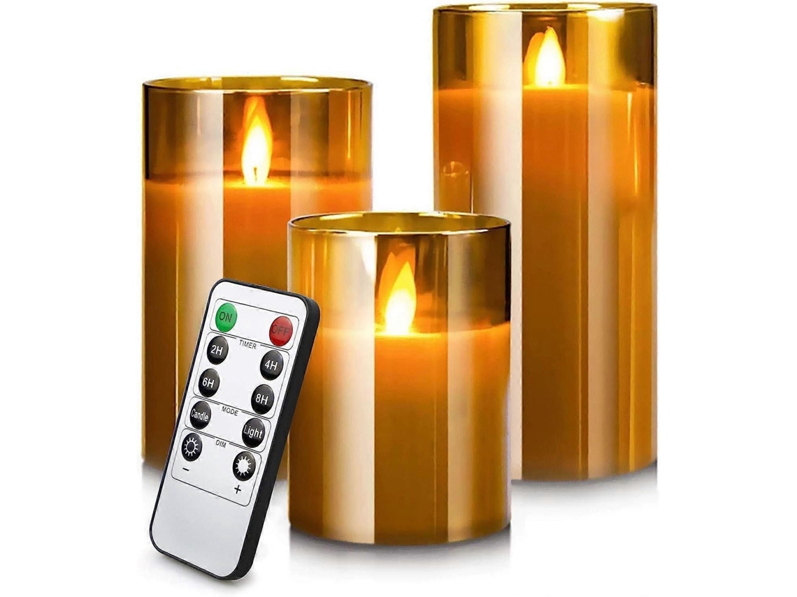 Kit De 3 Velas Led Sem Chama Com Vidro Cinza, Temporizador E Controle Remoto, Tamanhos 4, 5 E 6 Polegadas