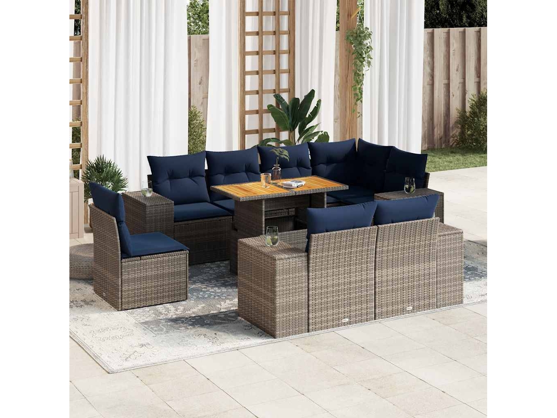 Vidaxl 9 Pcs Conjunto Sofás P/ Jardim Com Almofadões Vime Pe Cinzento
