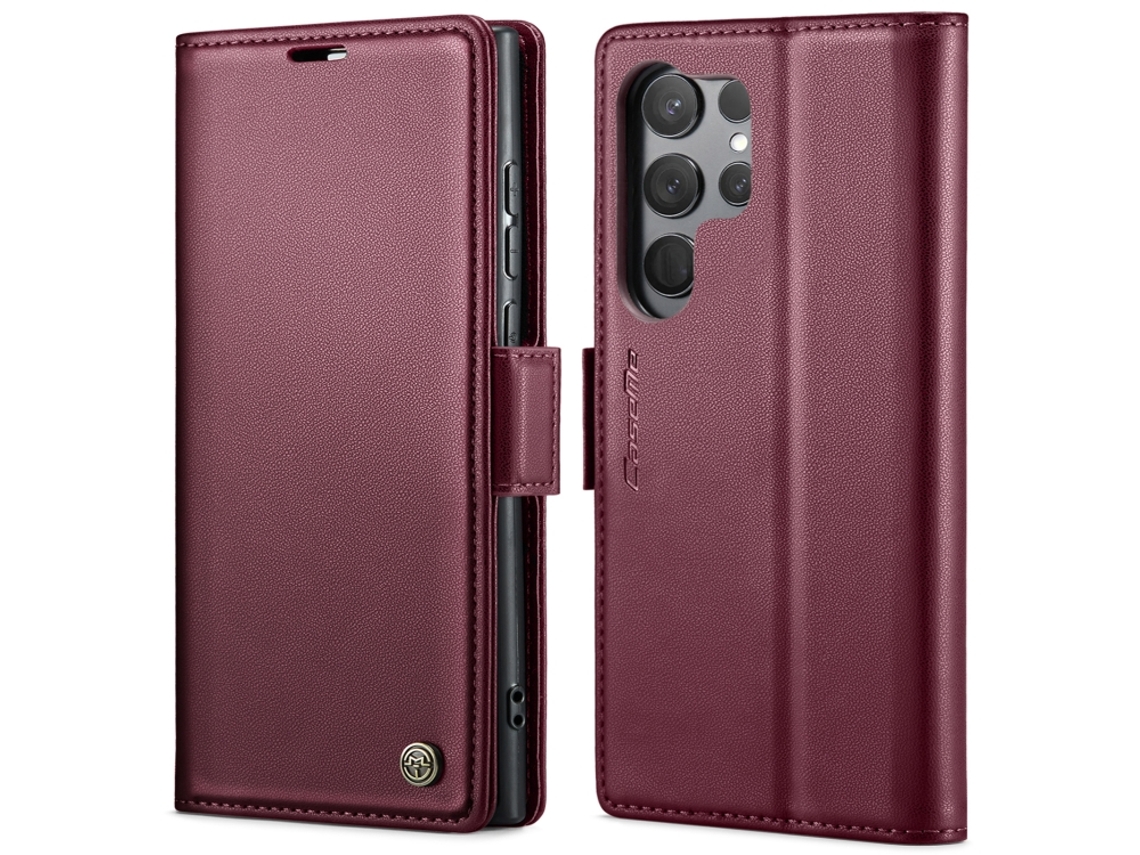 Capa Para Samsung Galaxy S23 Ultra 5g Borboleta Fivela Litchi Textura De Telefone De Couro Rfid Antirroubo Vinho Tinto