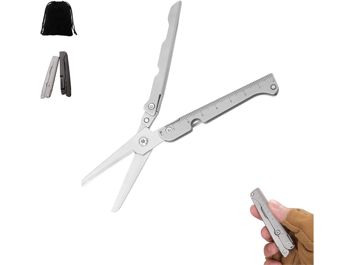 Tesoura Edc Dobrável 2 Em 1 Com Régua Integrada, Ferramenta Multifuncional Leve E Compacta Em Aço Inoxidável,