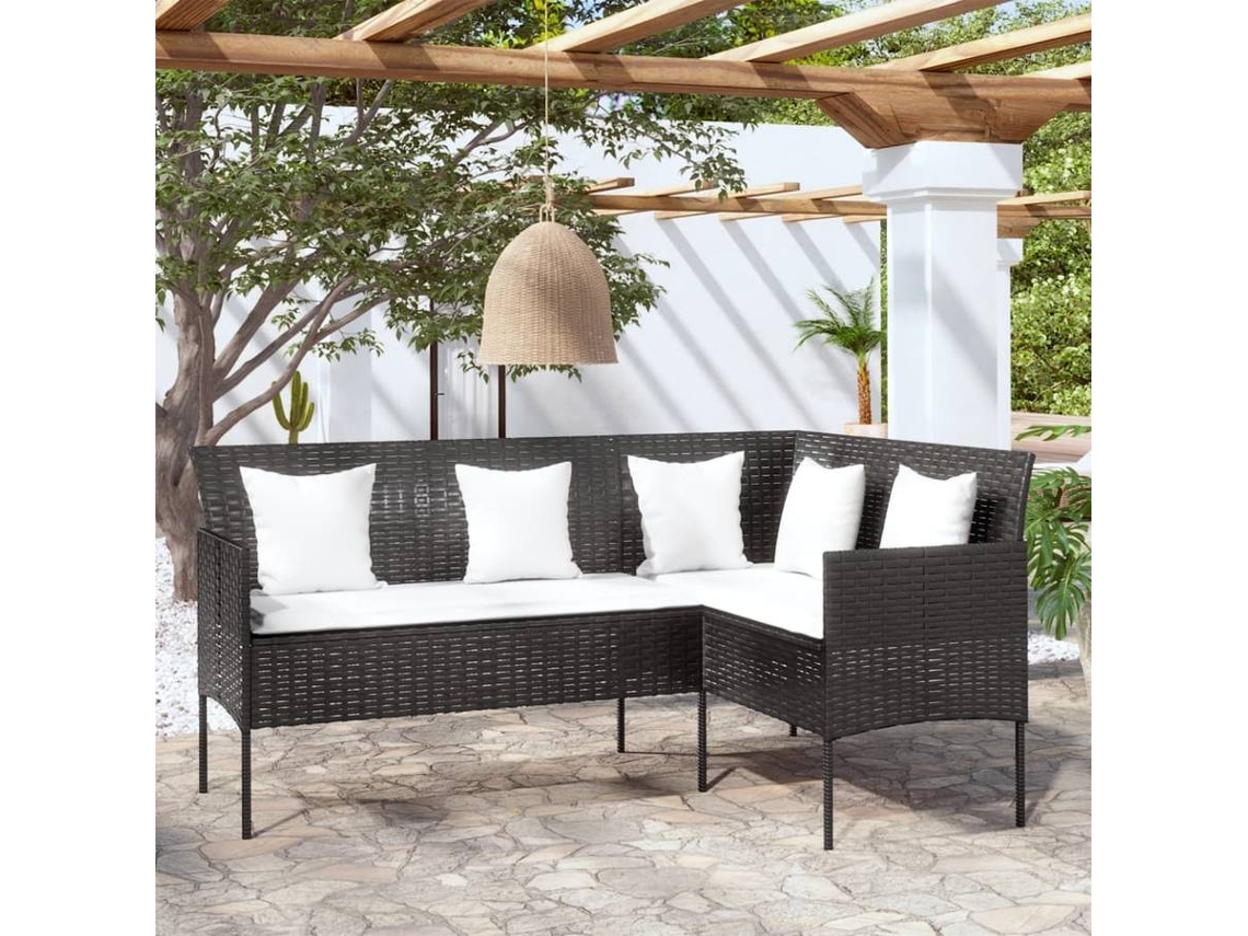 vidaXL Sofá formato em L com almofadões vime PE preto Worten.pt