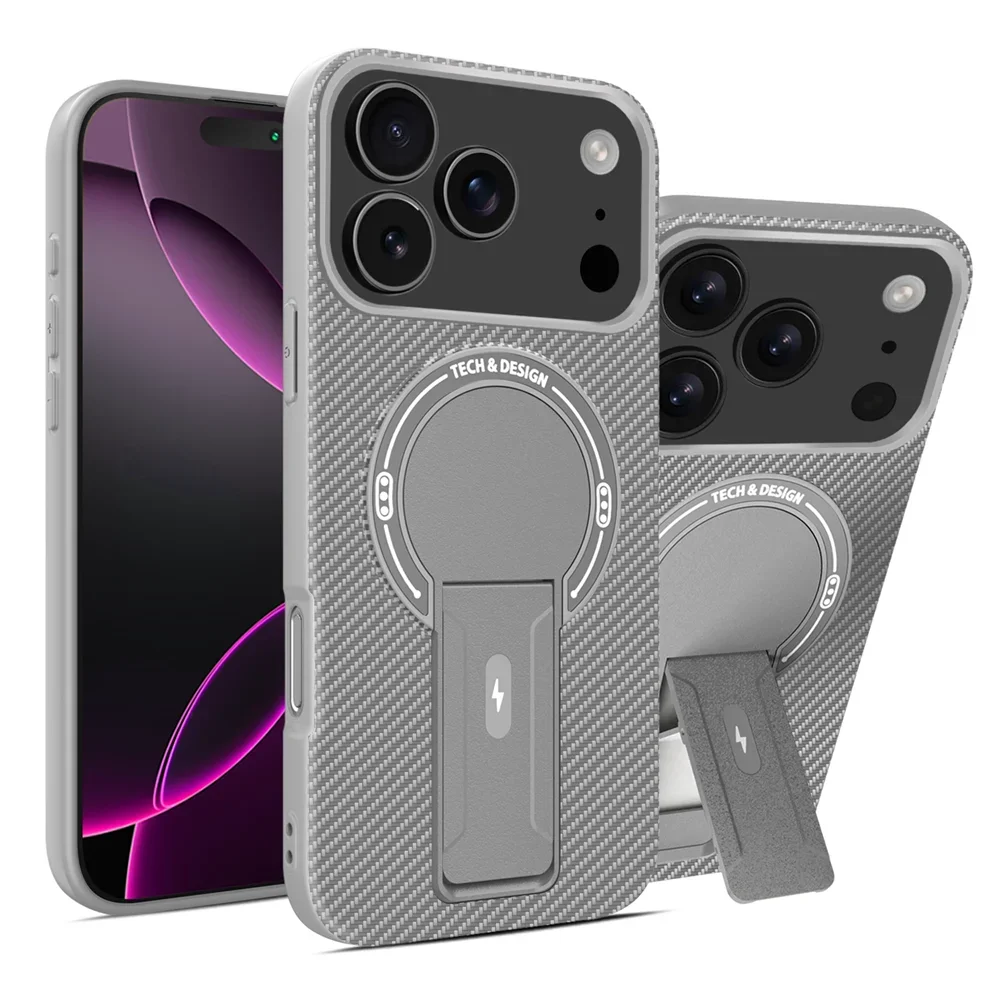 (cinza, Iphone 14 Plus) Capa De Carregamento Magnético Com Textura De Fibra De Carbono, Suporte Dobrável E Capa Protetora.