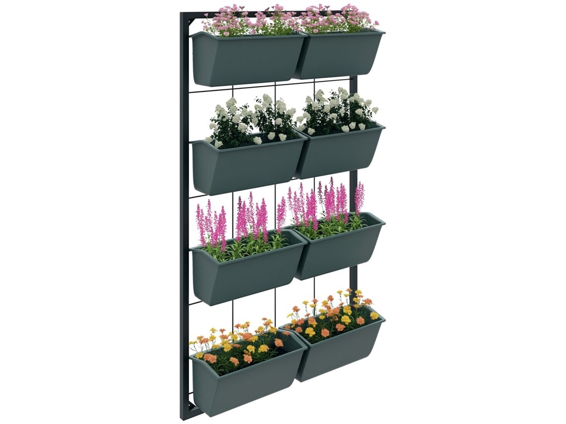 Jardim vertical de parede 4 níveis com 8 vasos, aço e plástico 52x14x90cm verde escuro e preto BTFORUS
