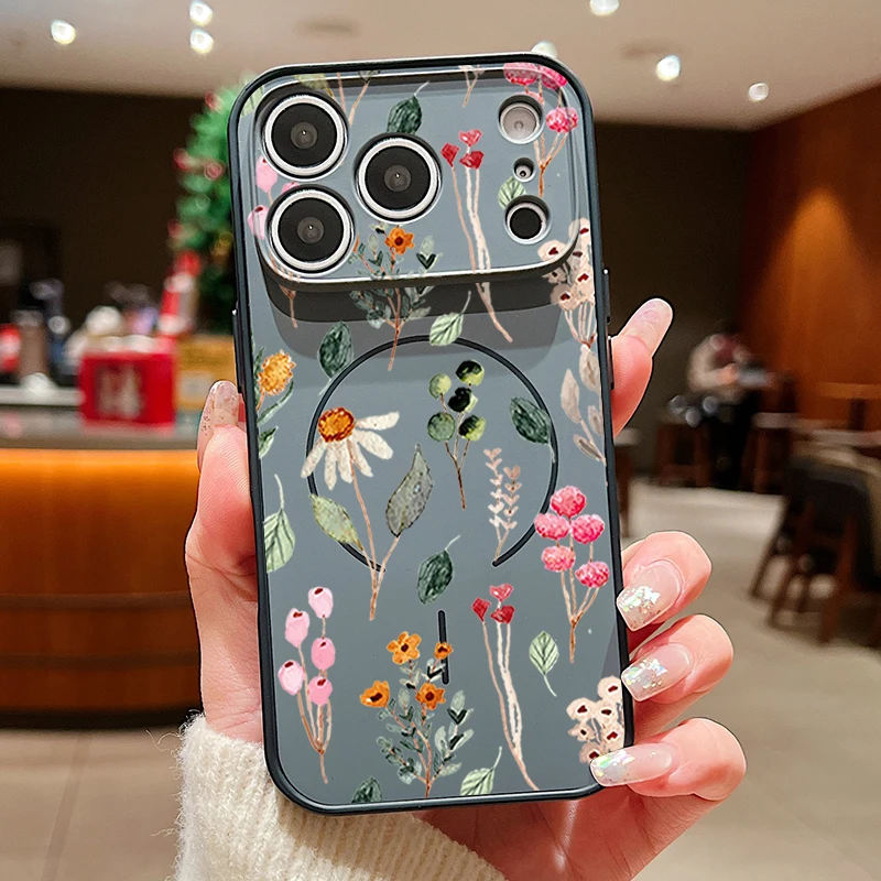 Capa Magnética Para Iphone 15 Pro Max Com Estampa Floral (preta), Capa Traseira Rígida Em Tpu E Pc.