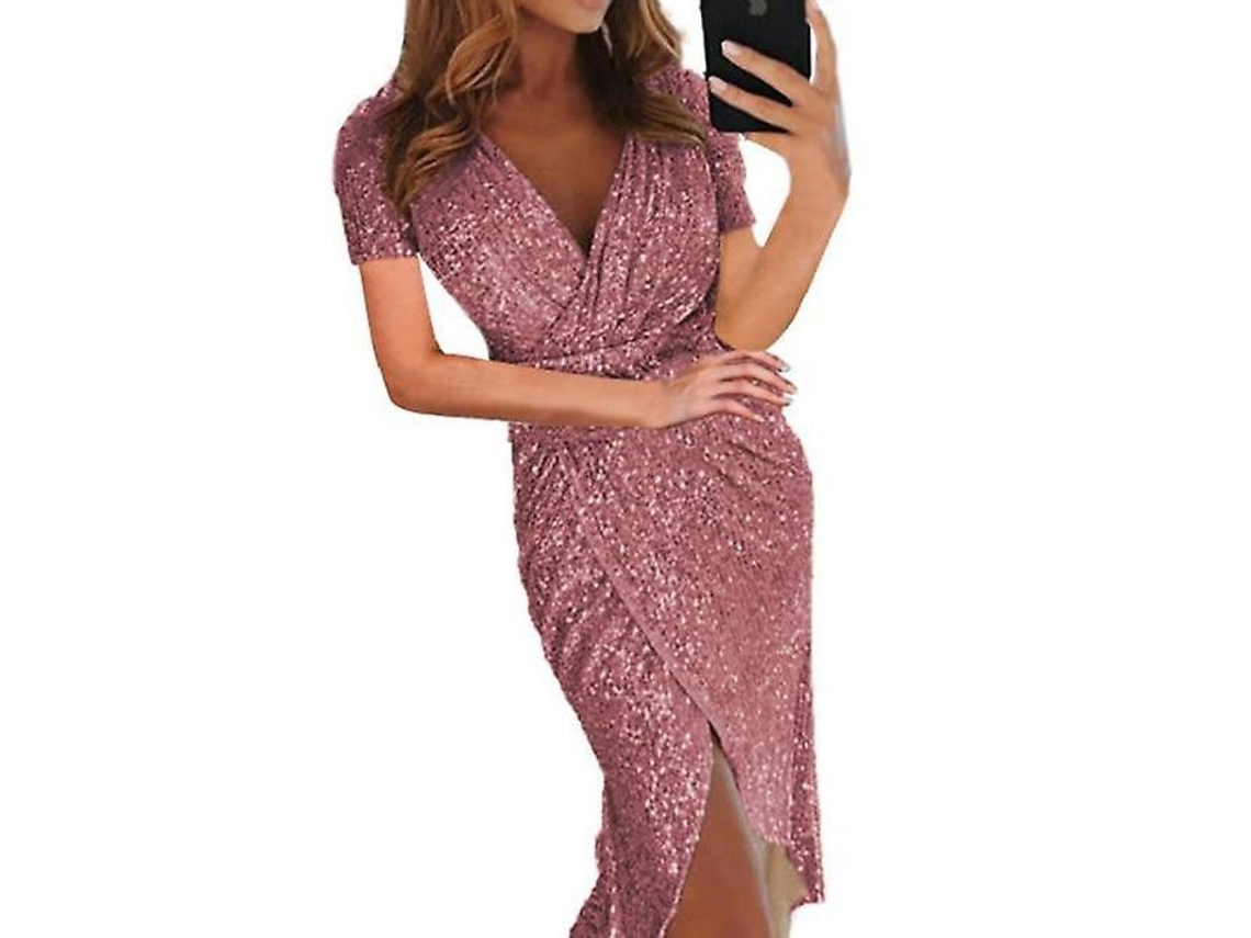 Vestido de Sequin Feminino Estilo Europeu Americano Decote V Magro Elegante para Festa Clube Noturno 2xl Rosa