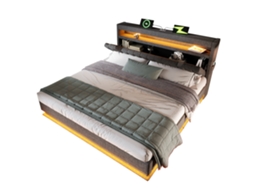 Cama de casal estofada 140x190cm com cabeceira com arrumação, portas Usb, iluminação led, sistema hidráulico, cinza em linho PAPRIKA