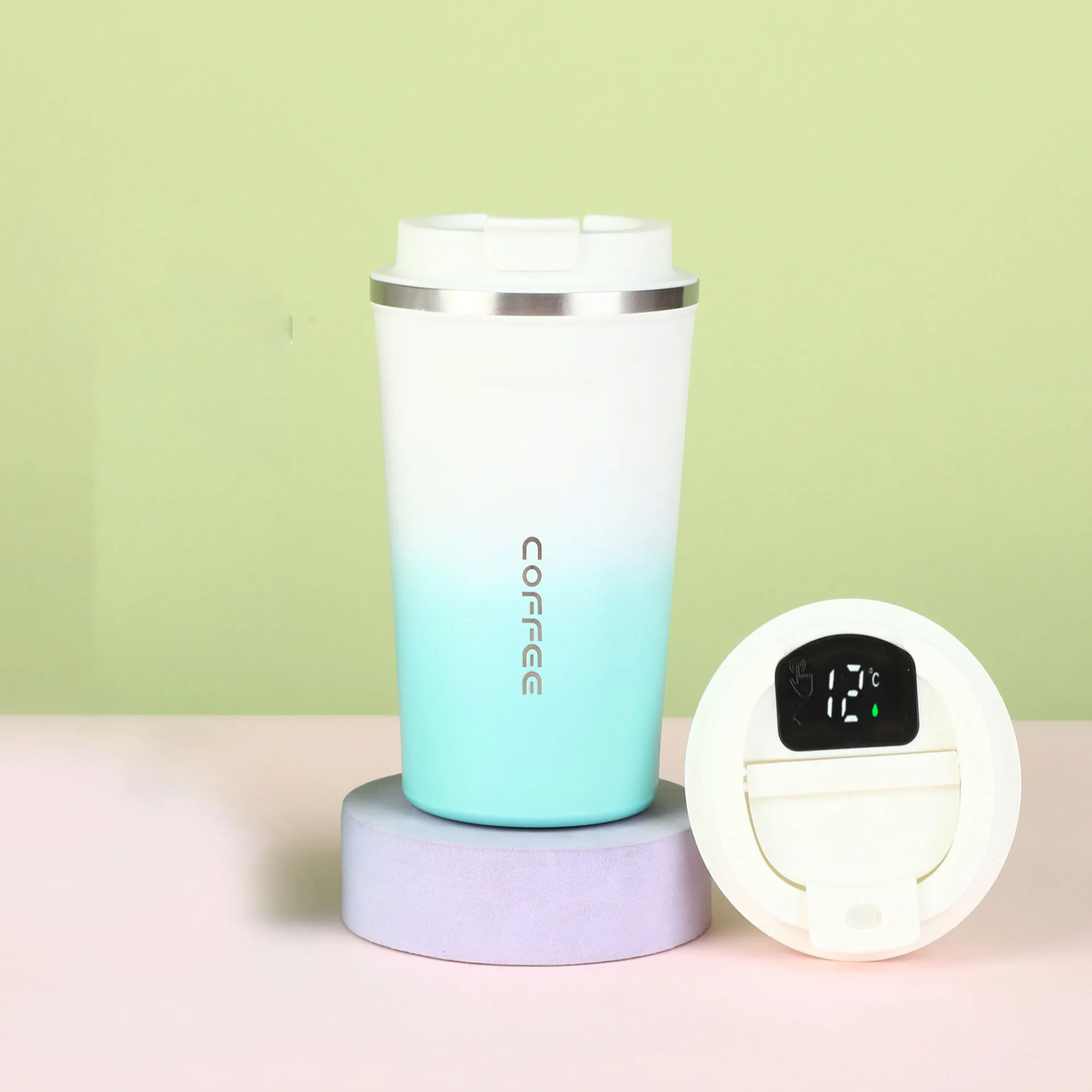 Lata de café inteligente em aço inoxidável com visor digital, 510 ml (degradê branco e azul), Isola Quentes E Chias Beverages.