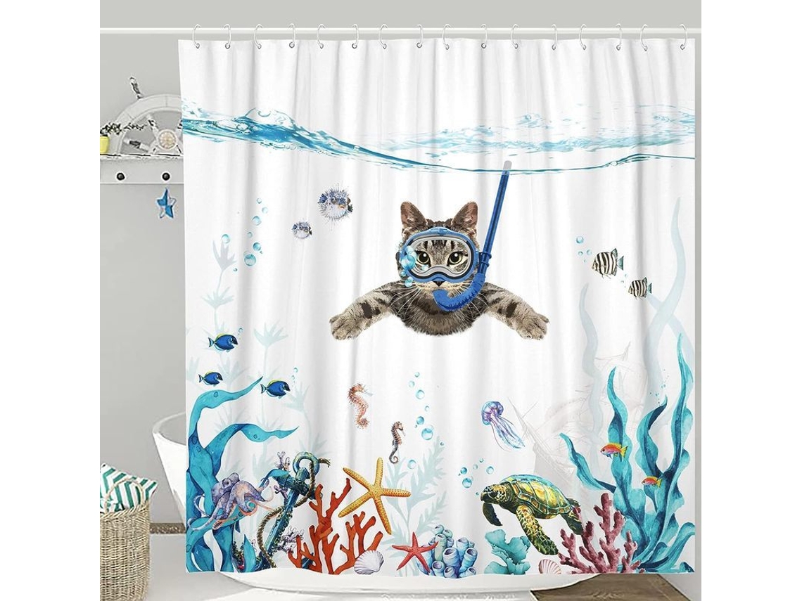2026 set de Cortina de Ducha Gato Divertido Azul Teal Marino Impermeável 180x180cm com 12 Ganchos