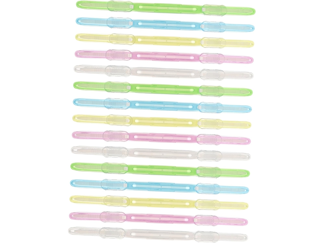 Conjunto de 15 prendedores de plástico para organizar arquivos, com prendedores resistentes e duráveis, ideais para mesas e escola.