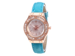 Relógio de Pulso Feminino de Quartzo com Pulseira de Couro Pu e Strass Cor Azul Claro