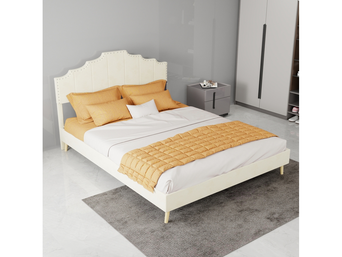 Cama Estofada Moderna 140x200 Cm Bege Com Cabeceira Macia, Base Baixa Sem Elevação Hidráulica (sem Colchão)