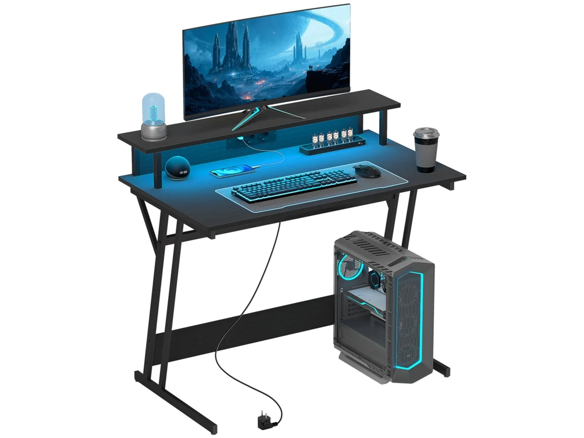 Mesa de Jogos com Luzes LED, Prateleiras para Monitor e Controle 100x60 Cm Preto
