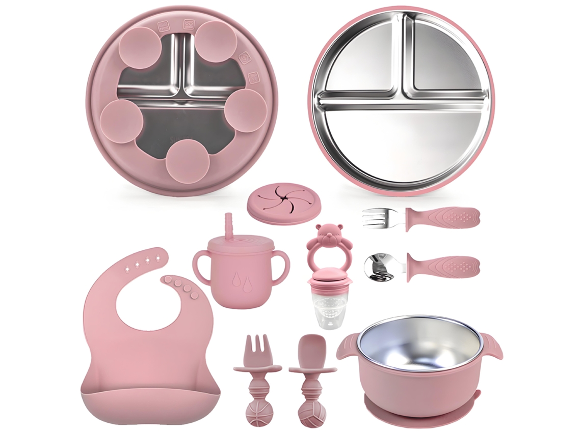 Conjunto de Talheres Bebé CHRUI 6+ Meses Prato Tigela Garfo Colher Silicone (rosa)