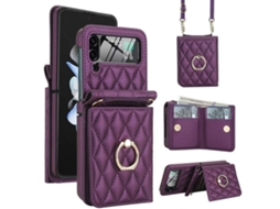 Capa Para Celular Samsung Galaxy Z Flip4 5g Com Textura Rômbica Integrada, Compartimento Para Cartão Rfid E Cordão Longo.