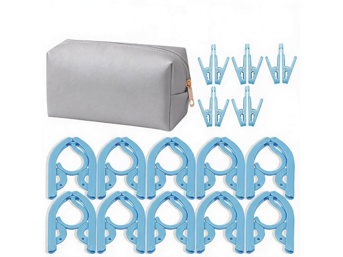 Conjunto Cabides CHRUI Dobráveis Viagem 10 Cabides com 10 Pregadores + Bolsa (prata)