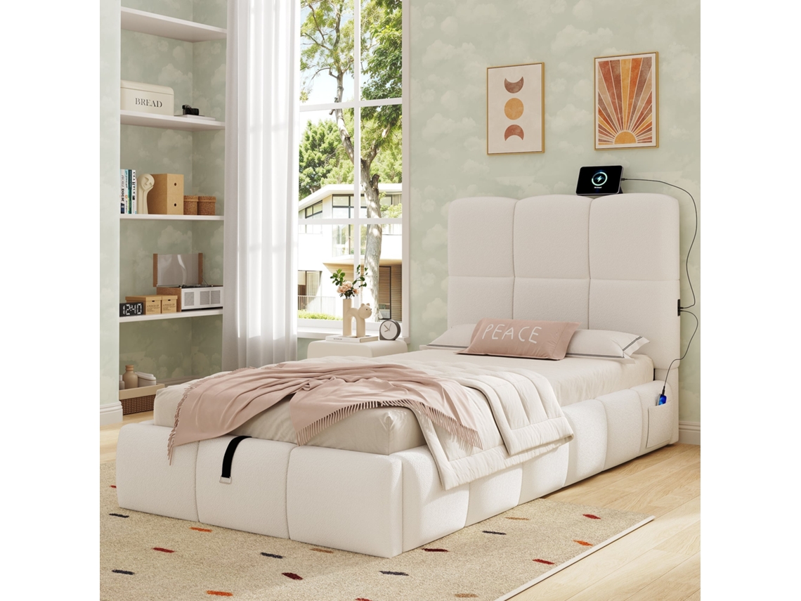 Cama Individual Estofada 90x200 Cm Cama Funcional com Arrumação, Cabeceira Almofadada e Porta Usb Bege NOVELA