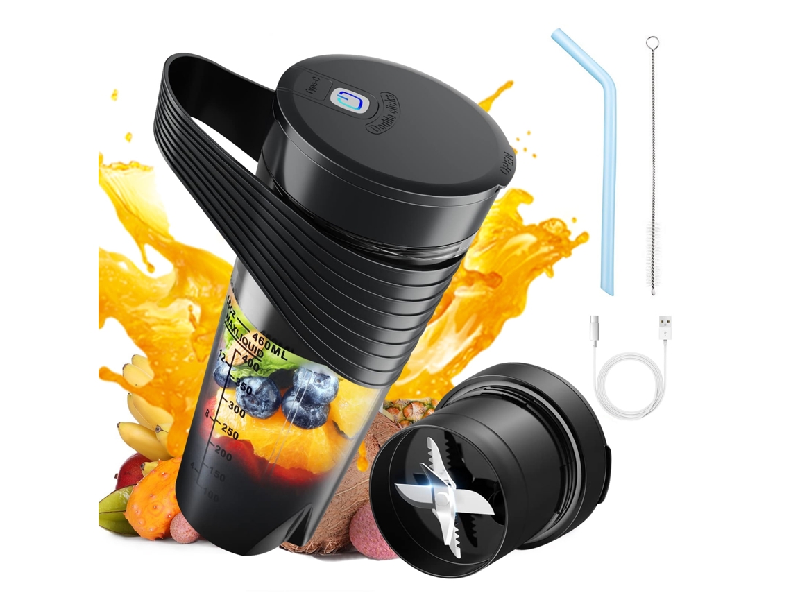 Lurelia Liquidificador Portátil Recarregável Usb, 460 Ml, 6 Lâminas, Aço Inoxidável, Para Sumos, Preto