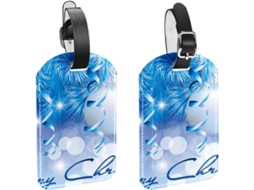 Conjunto De 2 Lindas Etiquetas Bagagem Em Couro Pu Com Enfeite Natal Pendurado, Azul Branco