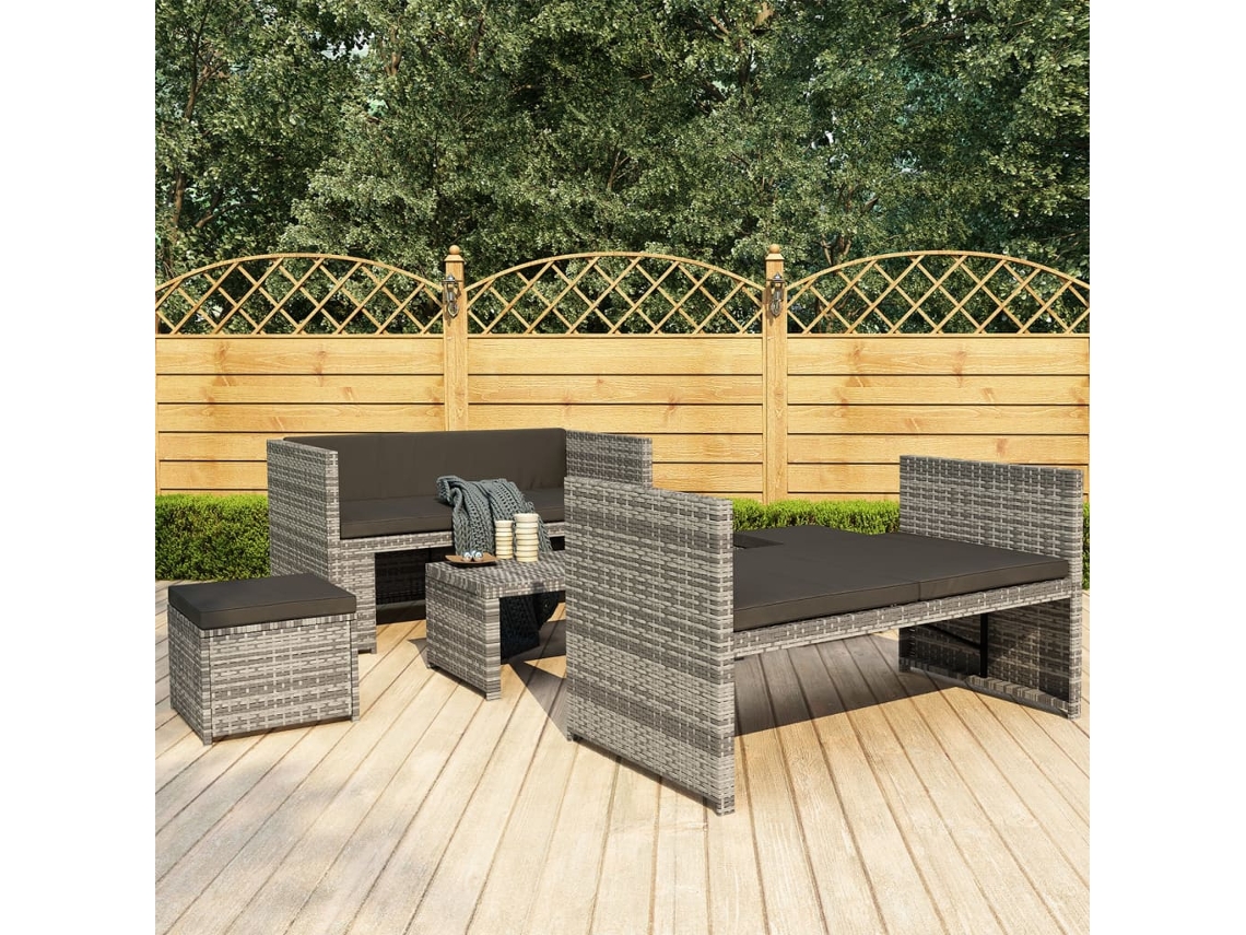 Conjunto 5 Peças Lounge De Jardim C/ Almofadões Vime Pe Cinzento Dkd Home Decor
