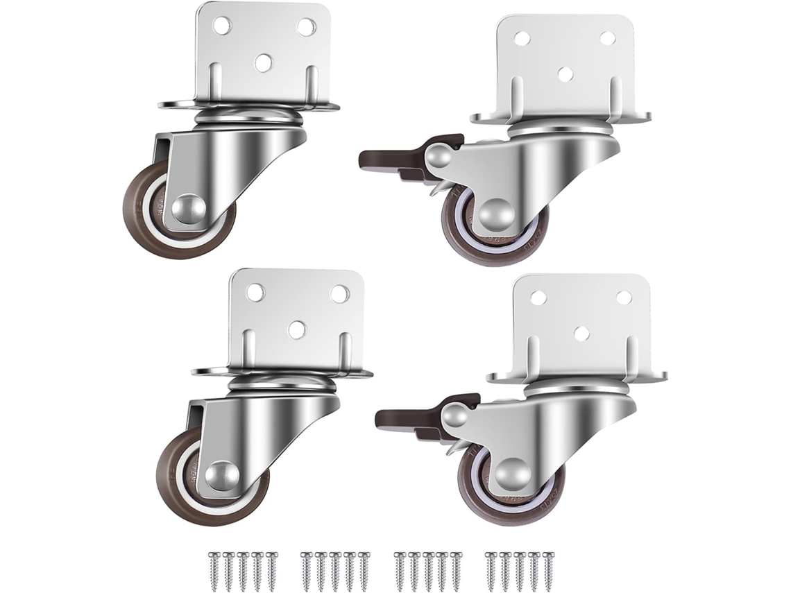 Conjunto De 4 Rodízios Giratórios Pequenos Para Móveis, 25 Mm Com Freio, Suporte Em L. Aquaforge