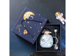 Caneca De Cerâmica Azul-clara Com Tampa E Colher, Série Astronauta, Brinde Corporativo Criativo