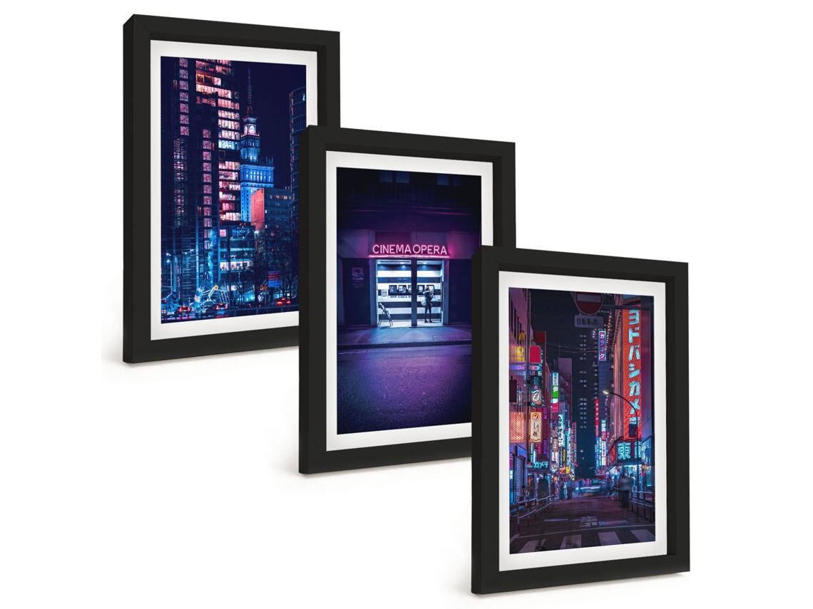 Composição De Quadros Na Paredecidade Noturna, Entrada Neon Moldura Preta Quadros Para A Sala De Estar Espelharte (3 Peças 20x30 Cm)