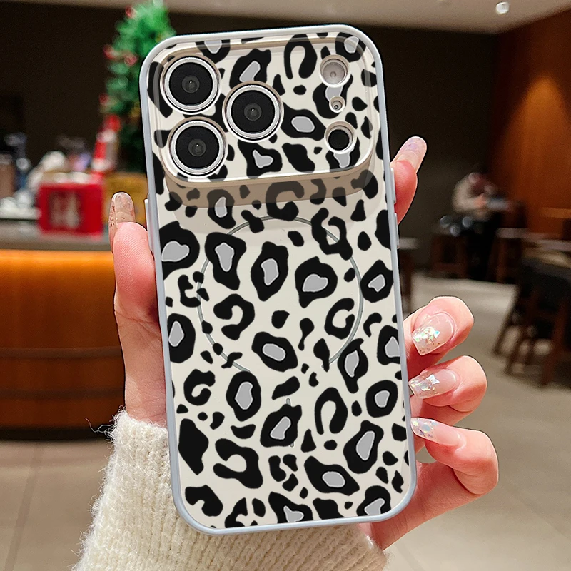 Capa Magnética Para Iphone 16 Com Estampa De Leopardo (cinza), Proteção De Lente Resistente A Impactos.
