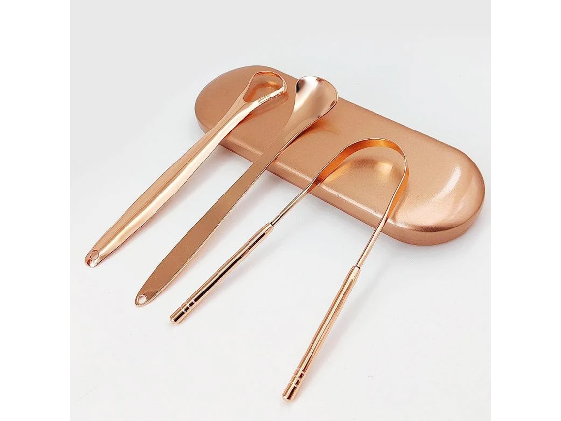 Kit Premium de Limpeza da Língua em Aço Inoxidável, Ferramenta Portátil para Higiene Oral. MDUG (conjunto Dourado de 3 Peças)