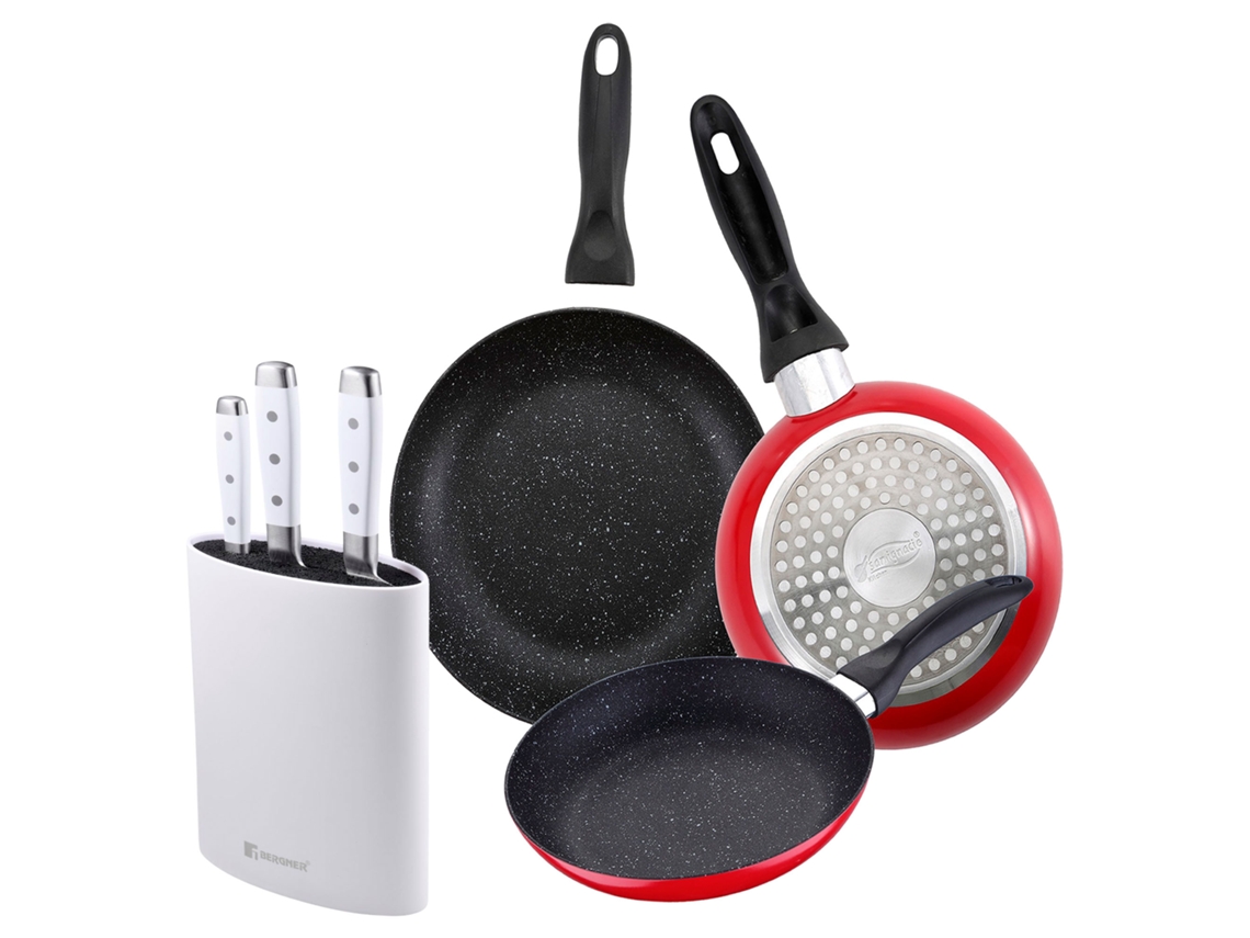 Conjunto De 3 Frigideiras Bergner Em Mármore Vermelho Marinho, Ø16ø20ø24cm, Com Bloco Para Facas.