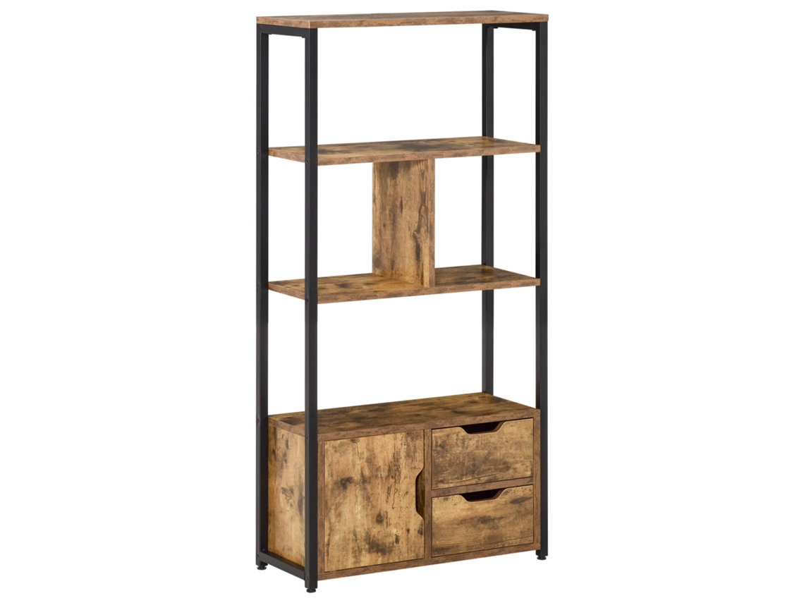 Estante de Livros Estilo Industrial com 3 Prateleiras, Porta de Armário e 2 Gavetas, Aglomerado com Aparência Madeira Antiga e Aço Preto