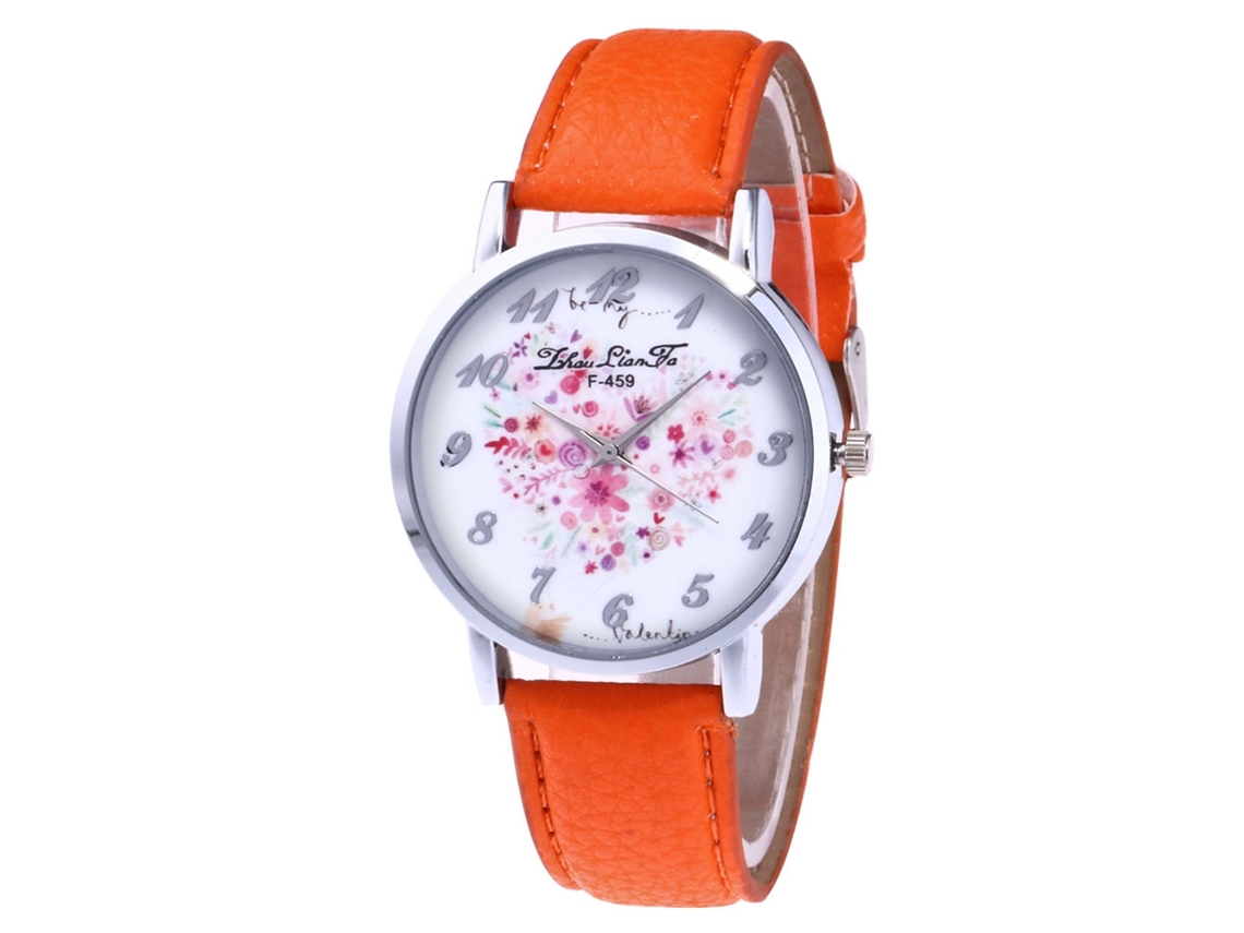 Relógio de pulso Student Quartz com pulseira de couro estampada com lichia laranja.