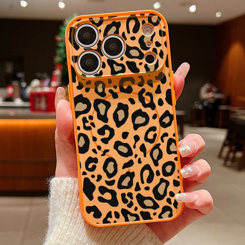 Capa Magnética Para Iphone 15 Pro Max Com Estampa De Leopardo (laranja), Resistente A Impactos E Com Proteção Para A Lente.