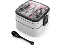 Lancheira Bento Paris Street Torre Eiffel Floral Rosa, Dupla Camada, 1000ml, Empilhável, À Prova De Vazamentos, Com