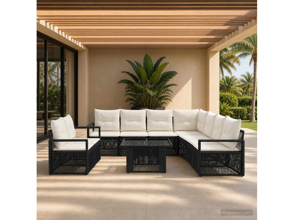 Vidaxl Conjunto De Sofá De Jardim 10 Unid. Preto E Branco Creme