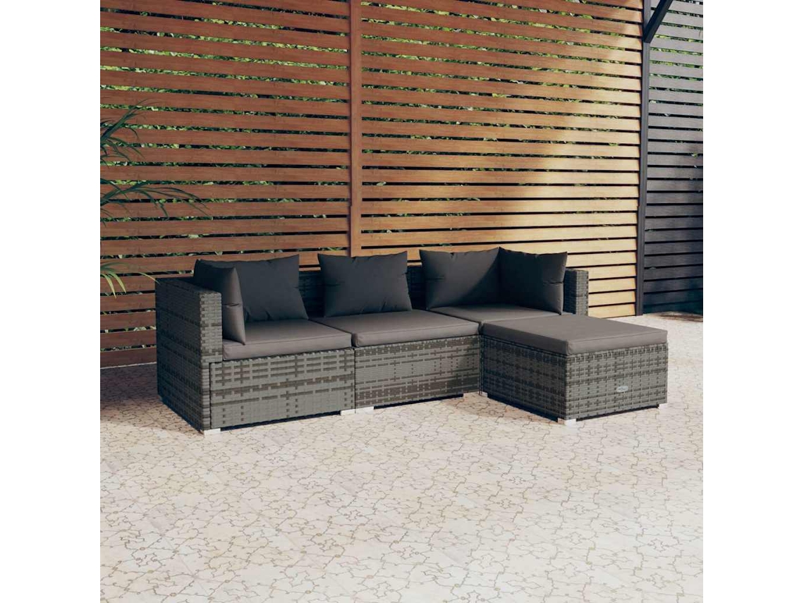Conjunto 4 Peças Lounge De Jardim C/ Almofadões Vime Pe Cinza Dkd Home Decor