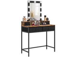 Coiffeuse BTFORUS com espelho LED ajustável, pés de metal preto, 4 gavetas de tecido, visual madeira escura