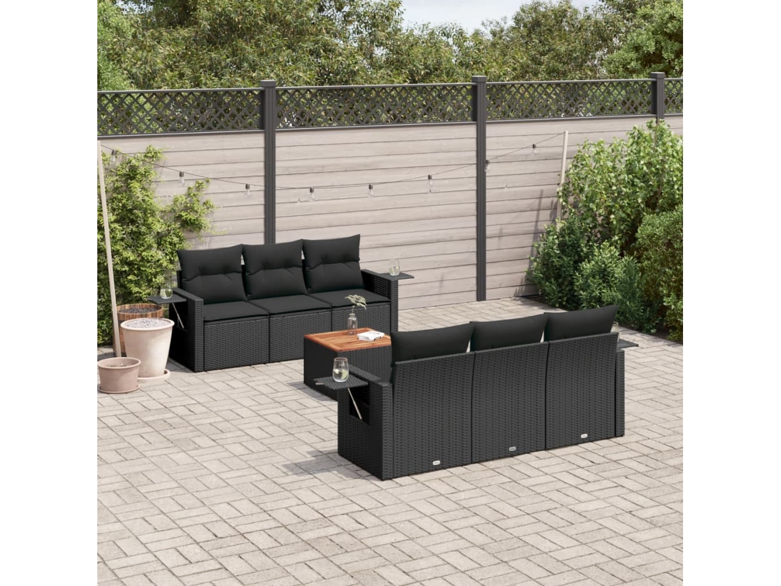 Vidaxl 7 Pcs Conjunto De Sofás P/ Jardim C/ Almofadões Vime Pe Preto