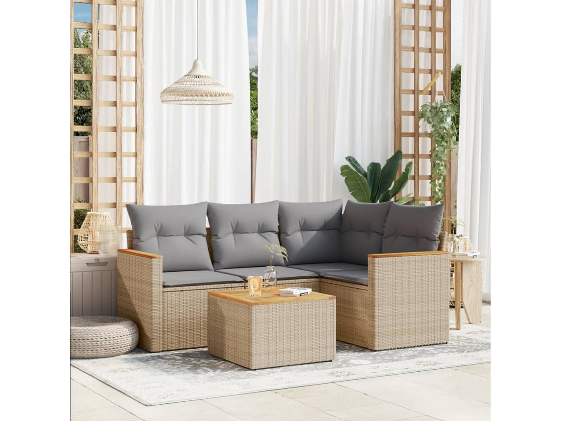 Vidaxl 5 Pcs Conjunto De Sofás P/ Jardim Com Almofadões Vime Pe Bege