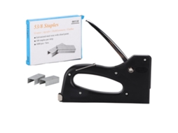 Grampeador leve com design ergonômico e trava de segurança para trabalhos de marcenaria e móveis.