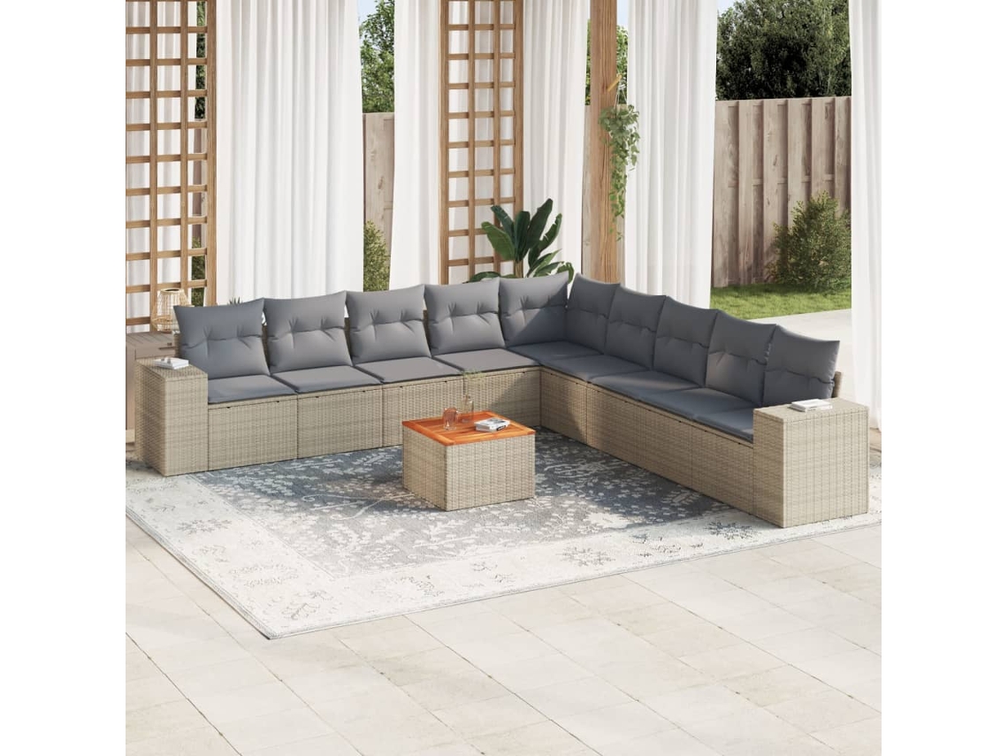 Vidaxl 10 Pcs Conjunto De Sofás P/ Jardim Com Almofadões Vime Pe Bege