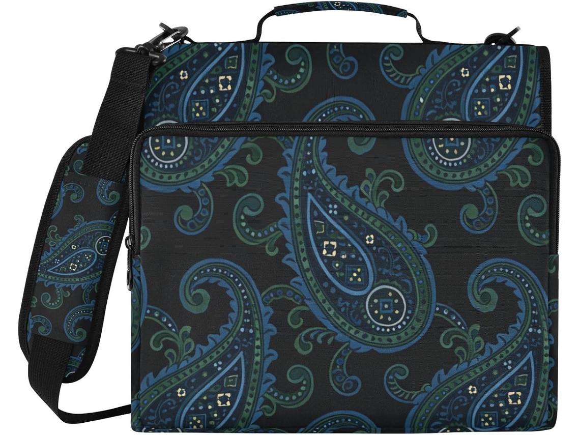 Pasta de cashmere azul-escura, com 3 argolas, bolsos extras e altura para ombro. Inclui organizador de documentos com bolsa.