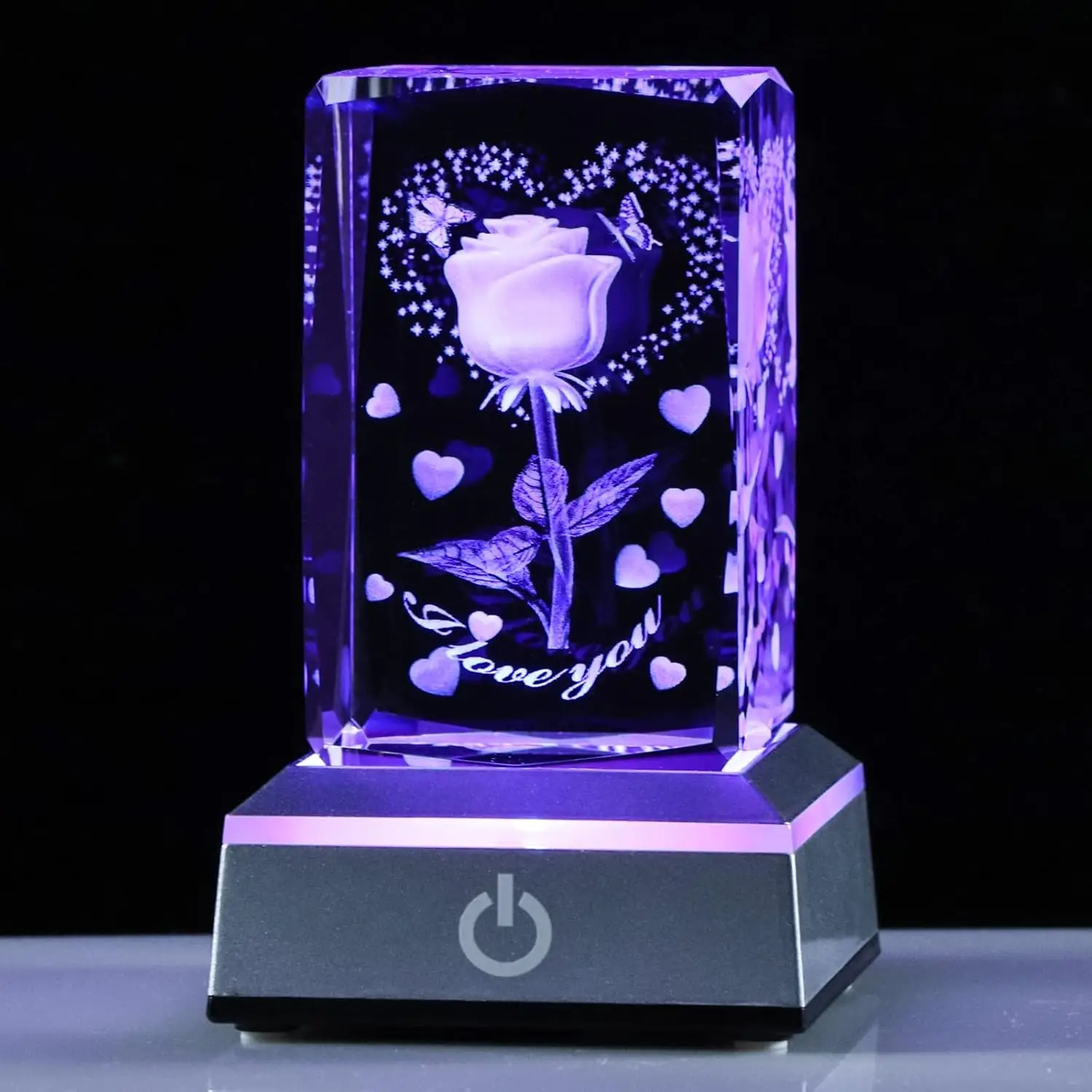 Rosa Romântica em Cristal com Gravação a Laser 3d, Modelo Cyberpunk "eu Te Amo" Presente MDUG (com Base de Led)