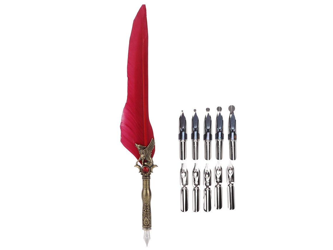 Caneta Artesanal Pluma Retro Gravada Caneta de Imersão de Aço Inoxidável para Assinatura Presente Decoração de Mesa Carmesim