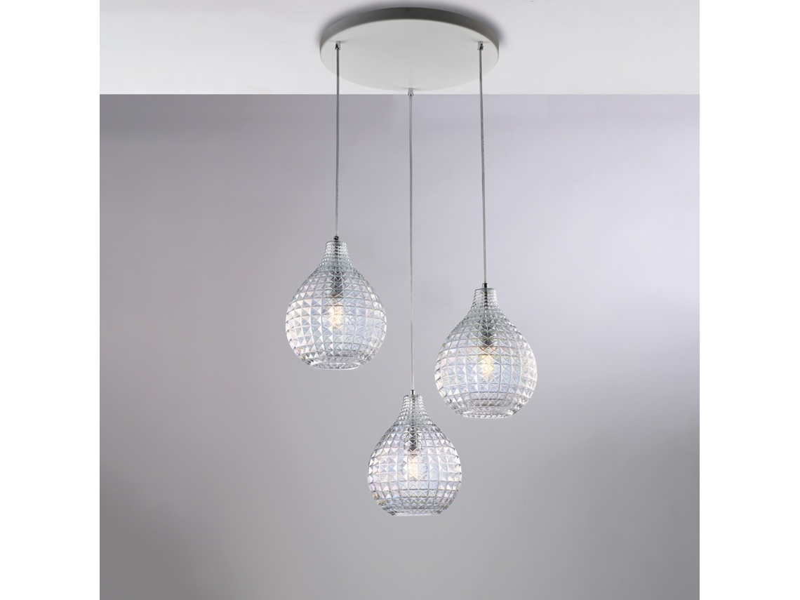 Candeeiro Suspensão Diamante Em Ferro Branco E Moldura Cromada Com Cabos Reguláveis ​​e Difusores Em Vidro Soprado Transparente Belight